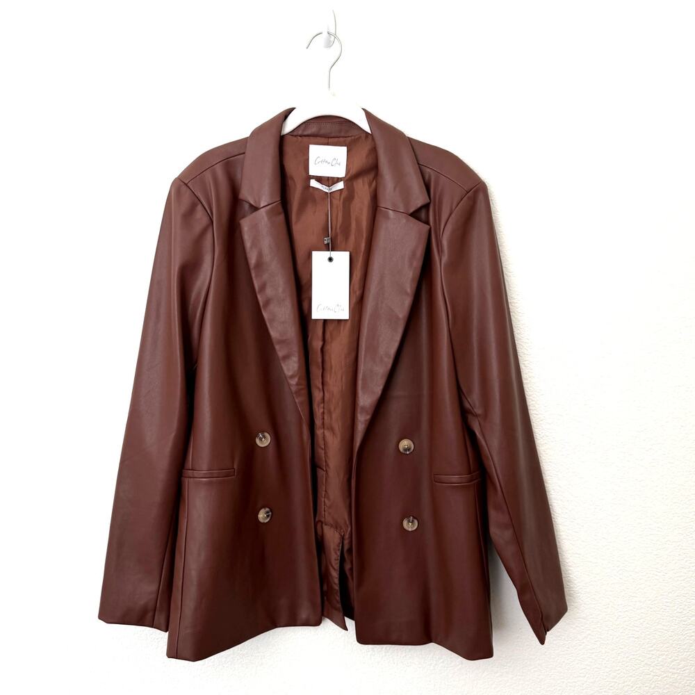 [Cotton Club] Brown Vegan Leather Double Breasted Open Blazer Jacket NWT Size XL